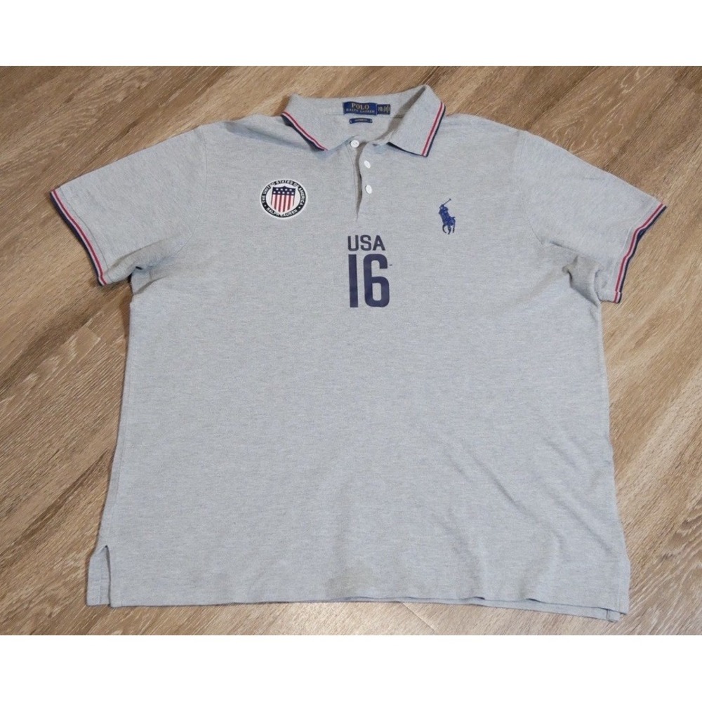 Rare Polo Ralph Lauren Mens XXL Custom Fit Gray USA 16 Olympic Team Polo Shirt